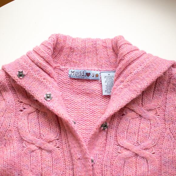 Mudd Pink Cable-Knit Cowl Neck Cardigan Size Medium - Picture 2 of 5